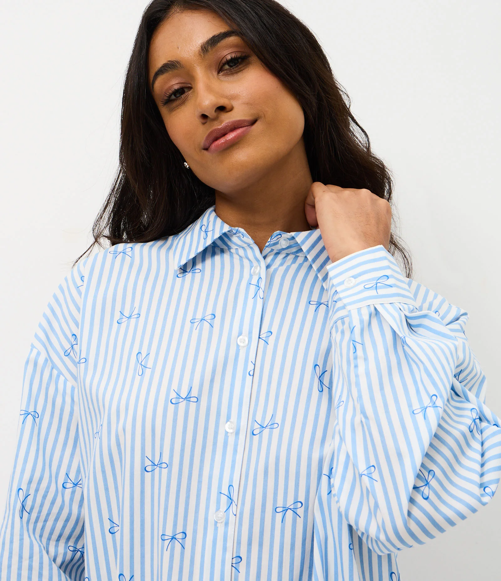 Pijama Longo Americano em Algodão Listrado com Laços Azul 2