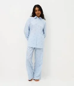 Pijama Longo Americano em Algodão Listrado com Laços