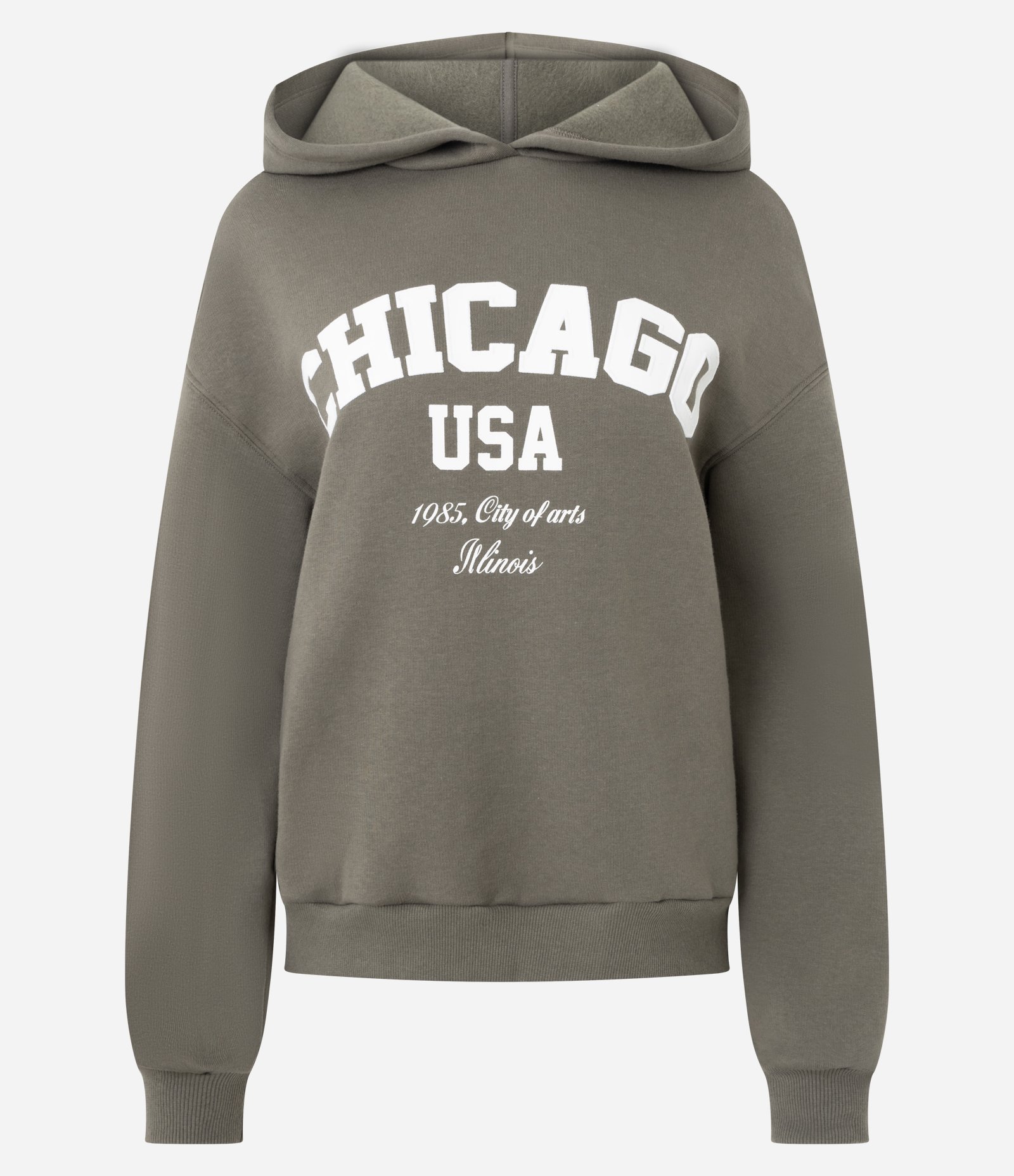 Moletom com Capuz e Lettering Chicago Verde Oliva 1