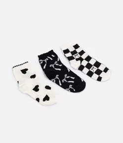 Kit 3 Meias Infantil em Algodão com Estampa Laços e Corações - Tam 19 a 34