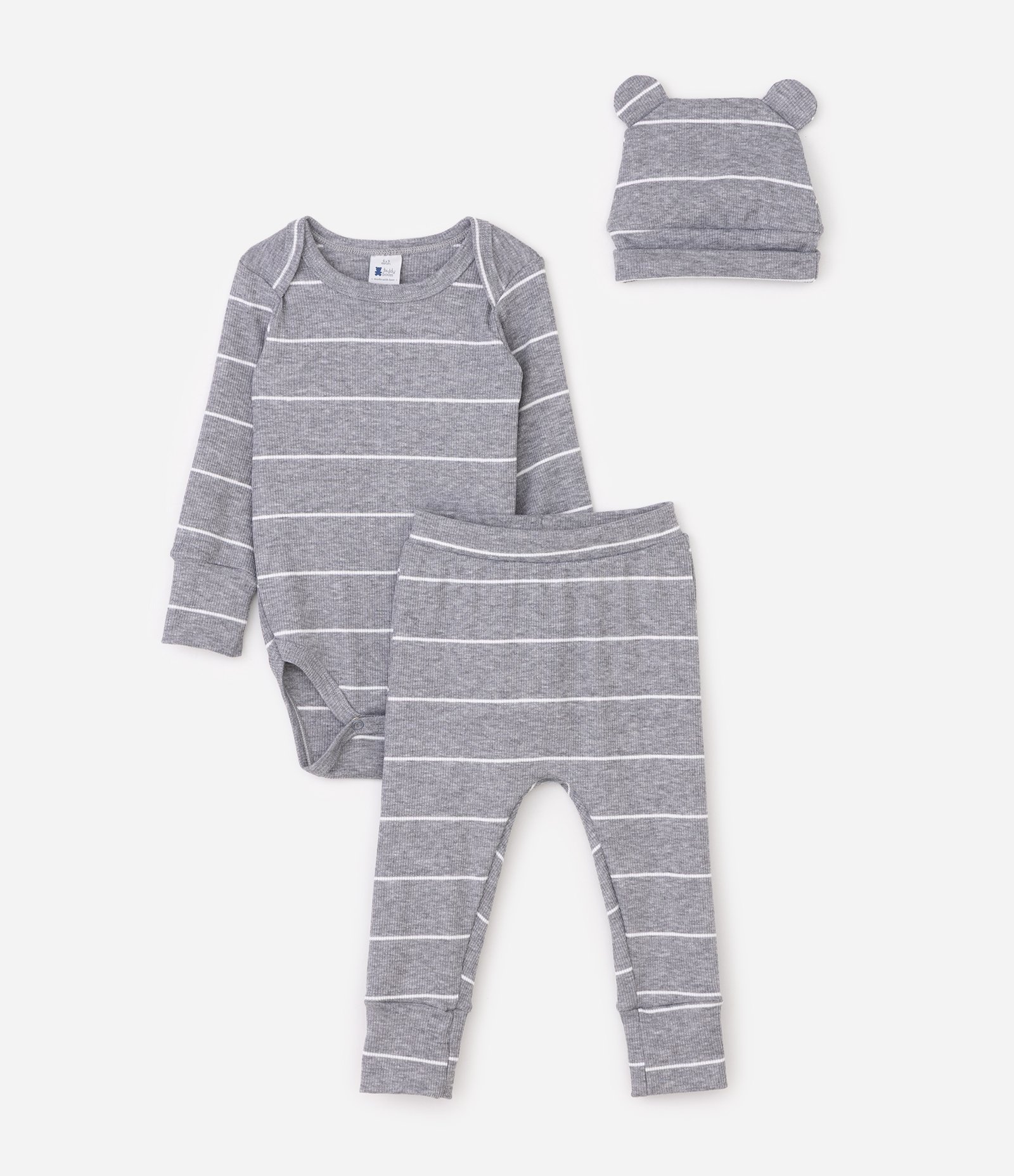 Conjunto Bebê Listrado Body e Calça com Touca e Orelhinha – Tam 0 a 18 Meses Cinza 2