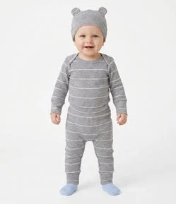 Conjunto Bebê Listrado Body e Calça com Touca e Orelhinha – Tam 0 a 18 Meses
