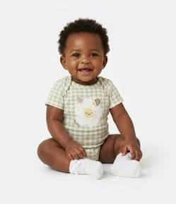 Body Bebê em Algodão com Xadrez Vichy e Estampa Floral com Abelha- Tam RN a 18 meses