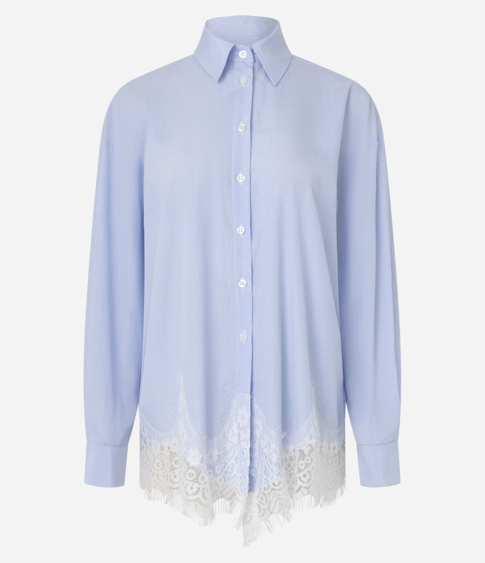 Camisa em Tricoline Listrada com Aplicação de Renda na Barra Azul 5