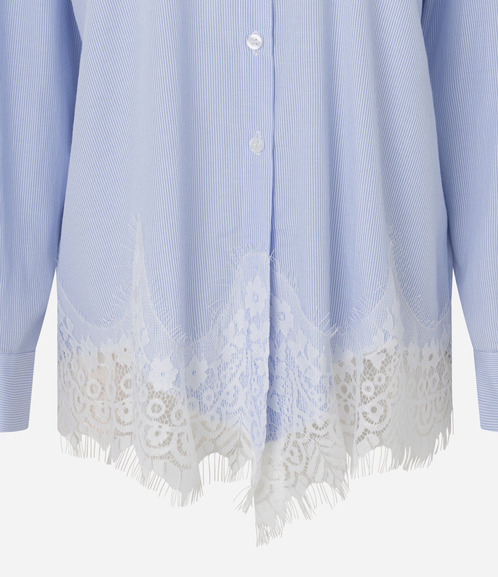 Camisa em Tricoline Listrada com Aplicação de Renda na Barra Azul 6