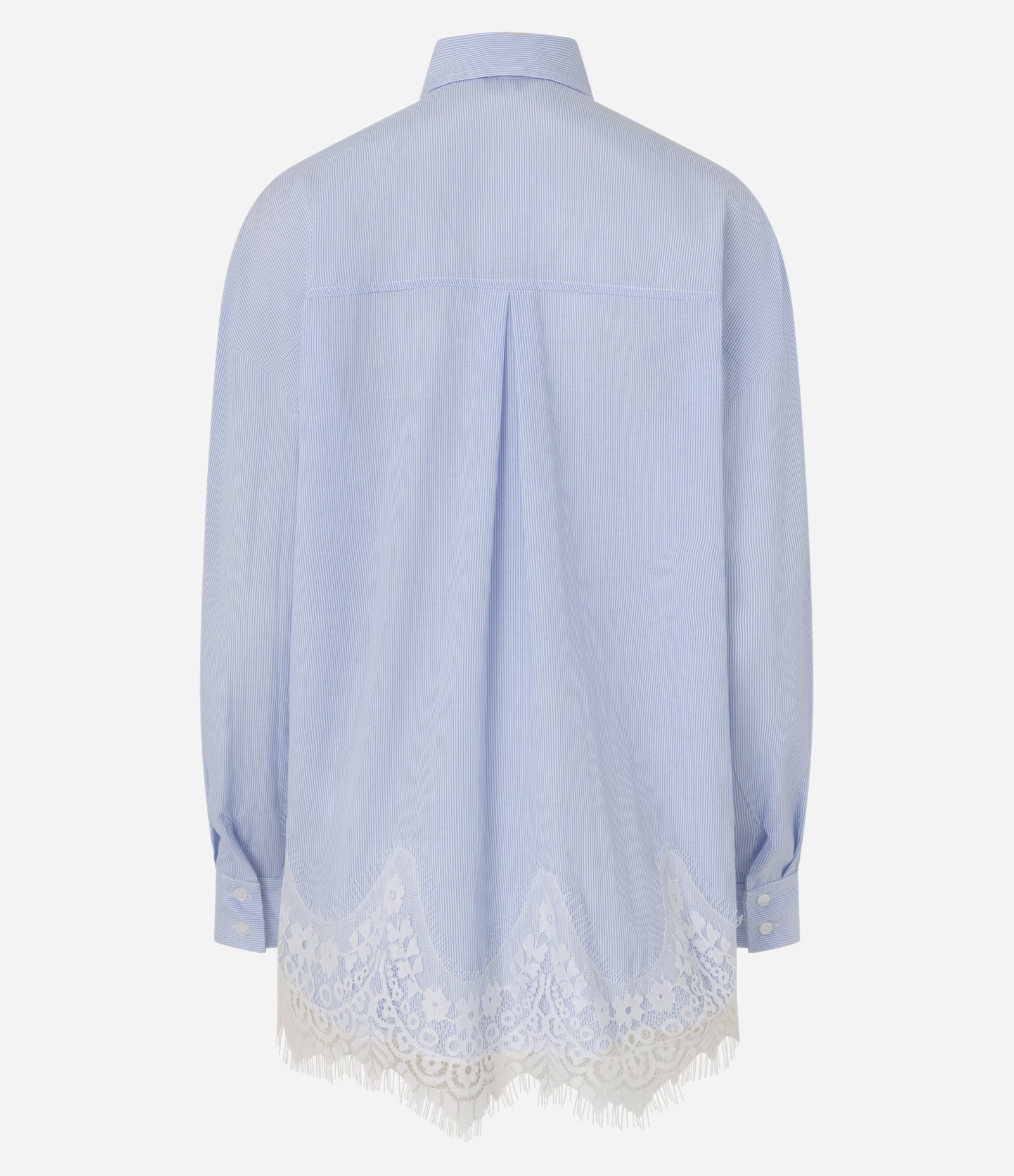 Camisa em Tricoline Listrada com Aplicação de Renda na Barra Azul 7