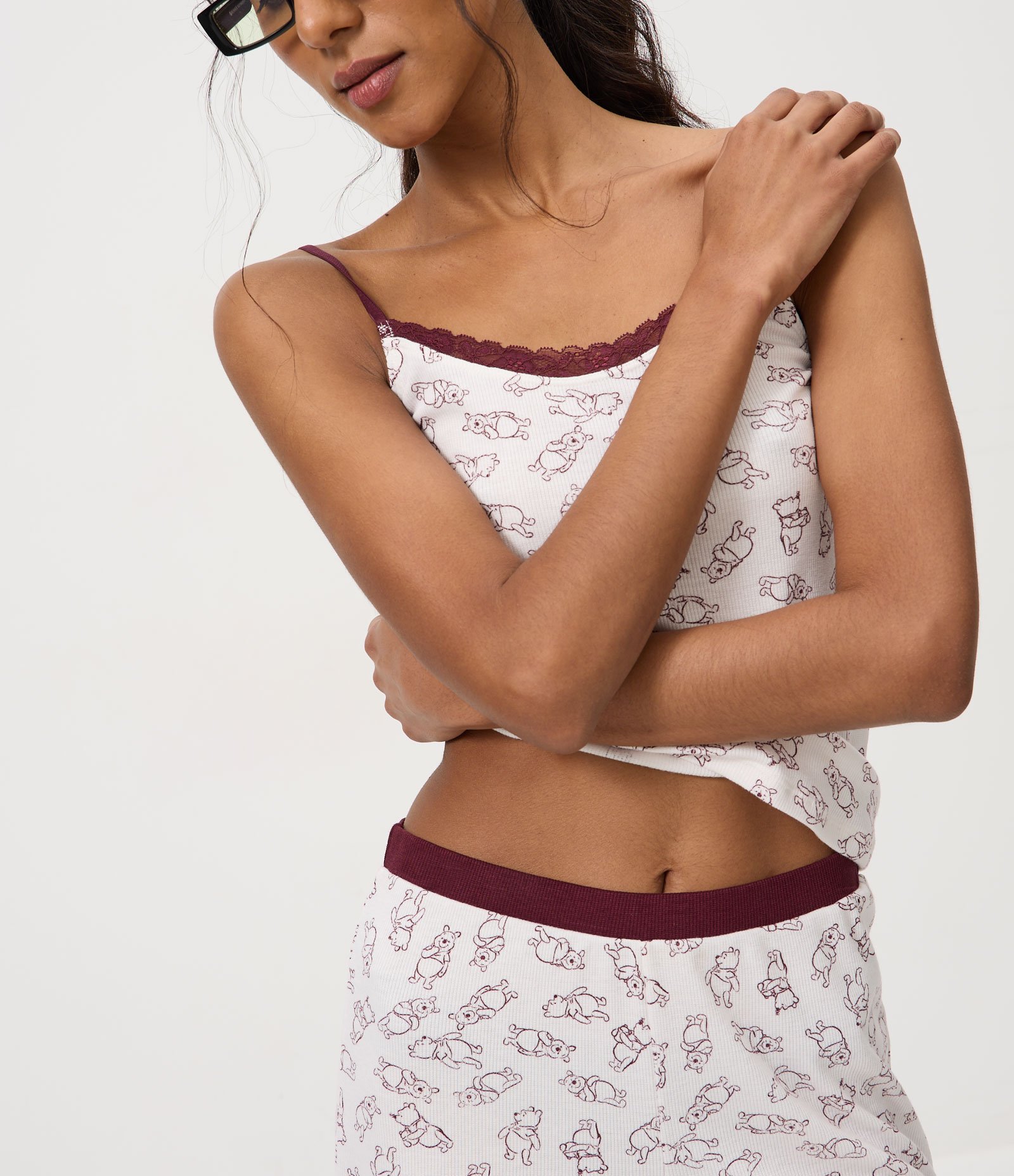 Pijama Short Doll em Ribana Canelada com Estampa Ursinho Pooh Branco 3