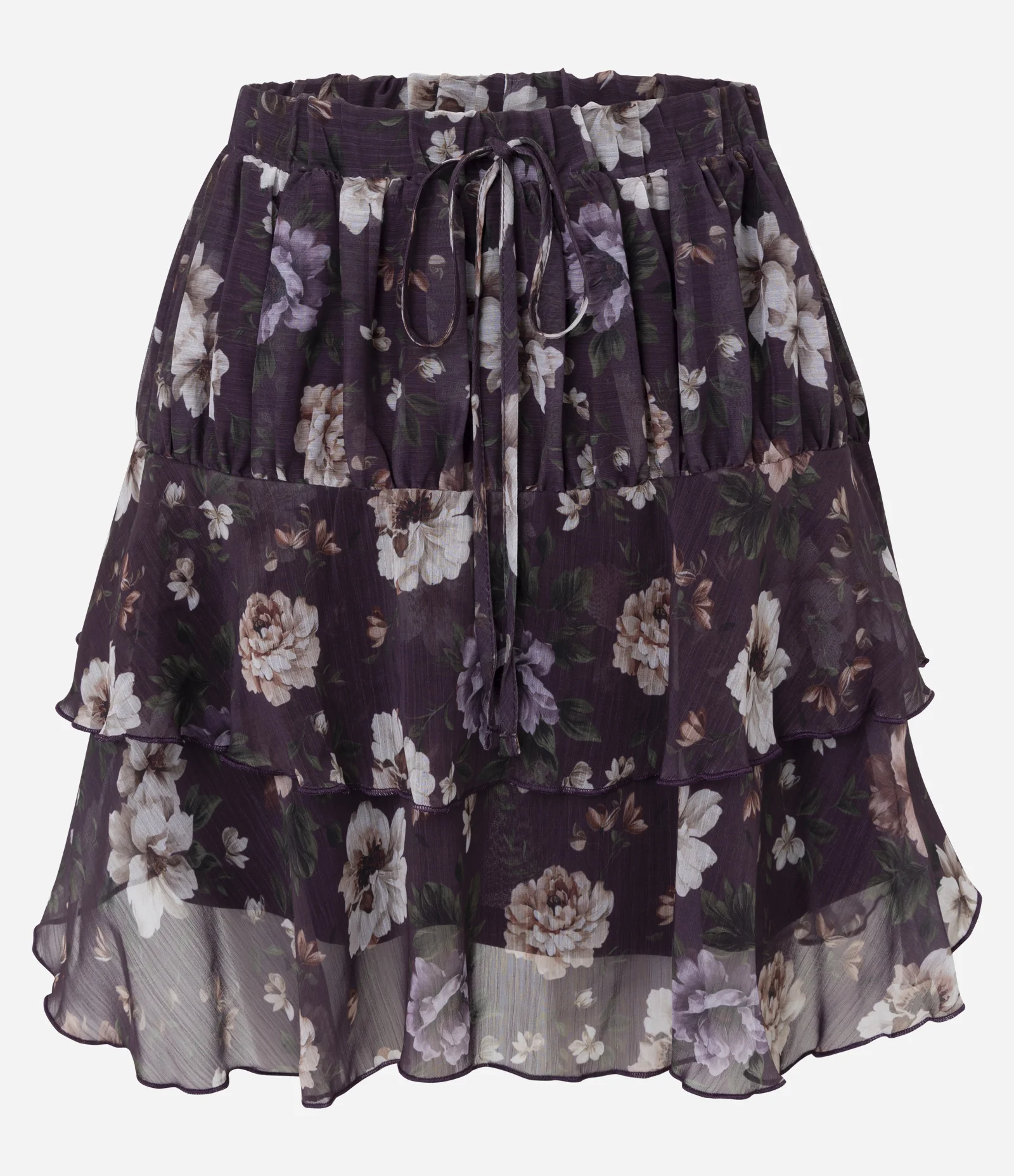 Saia Curta em Chiffon Floral com Babados Roxo 1