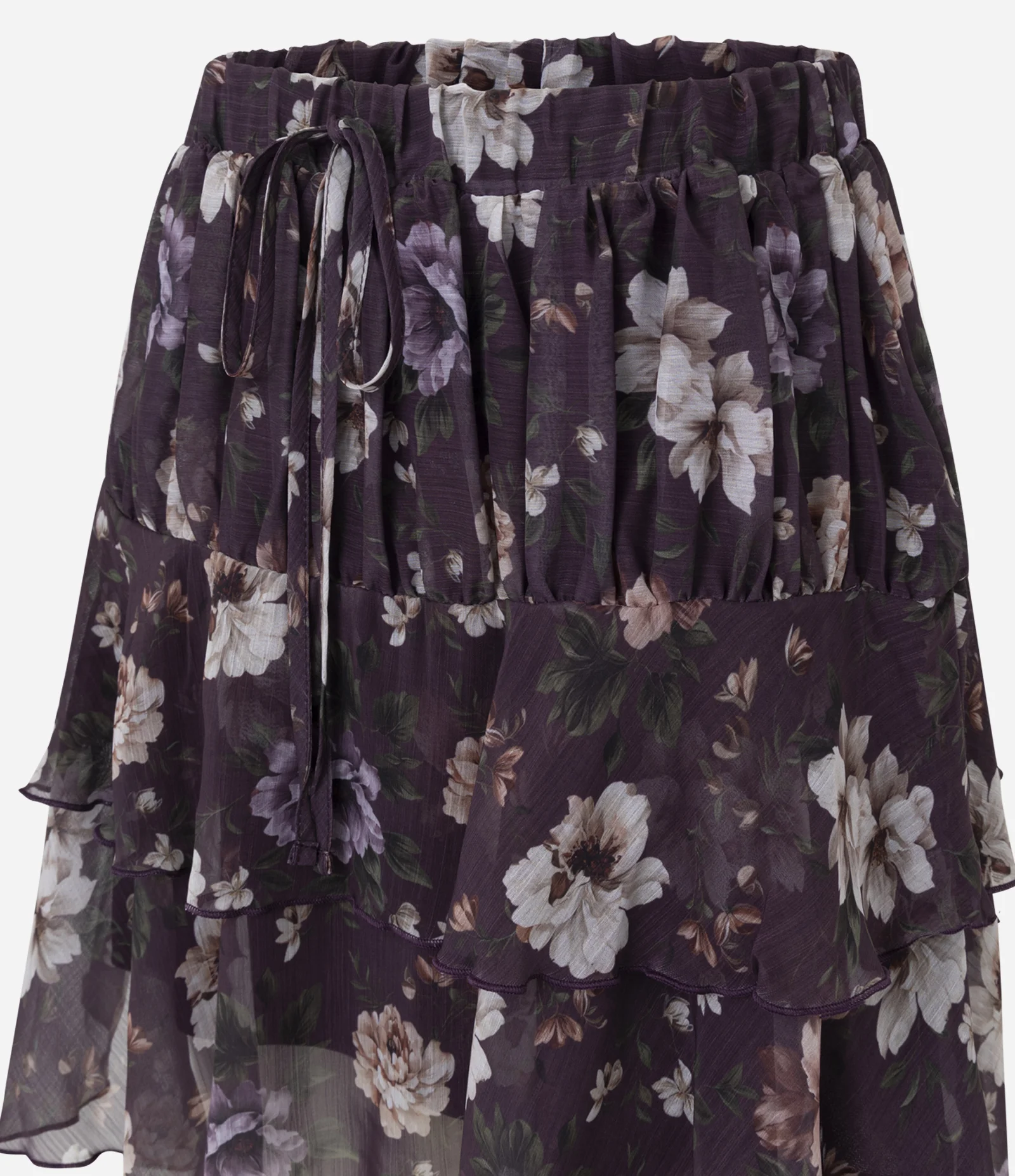 Saia Curta em Chiffon Floral com Babados Roxo 2
