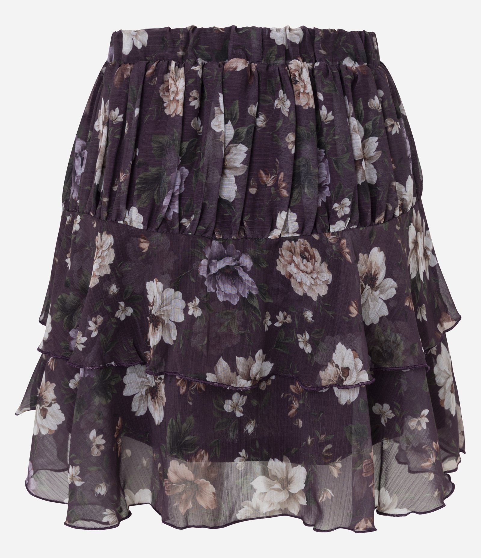 Saia Curta em Chiffon Floral com Babados Roxo 3