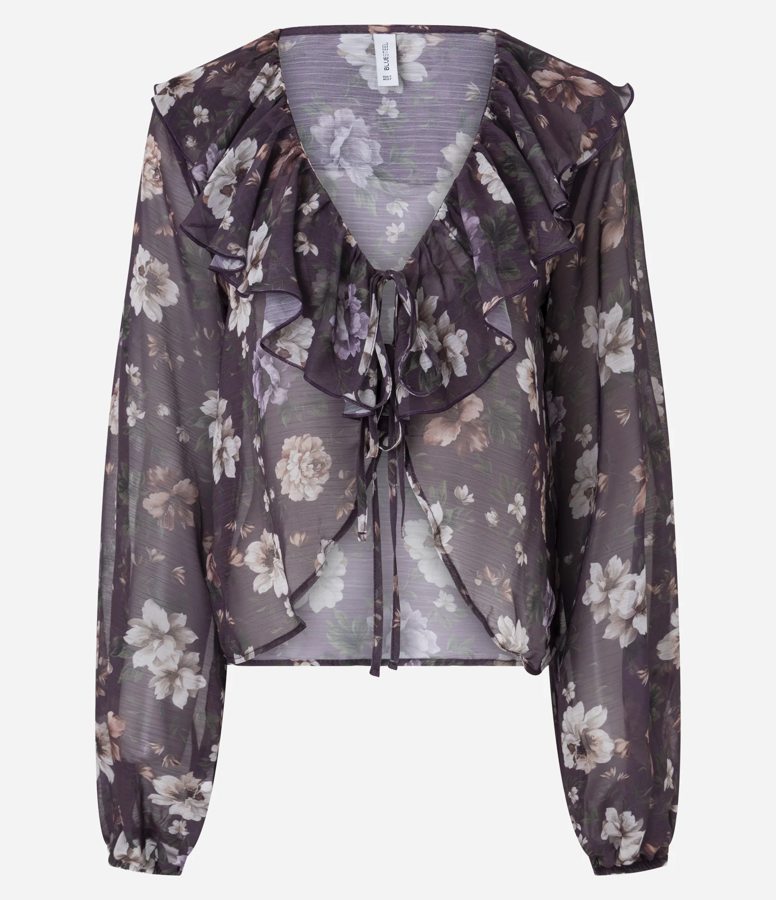 Blusa Bata em Chiffon Floral com Babados Bordô 1