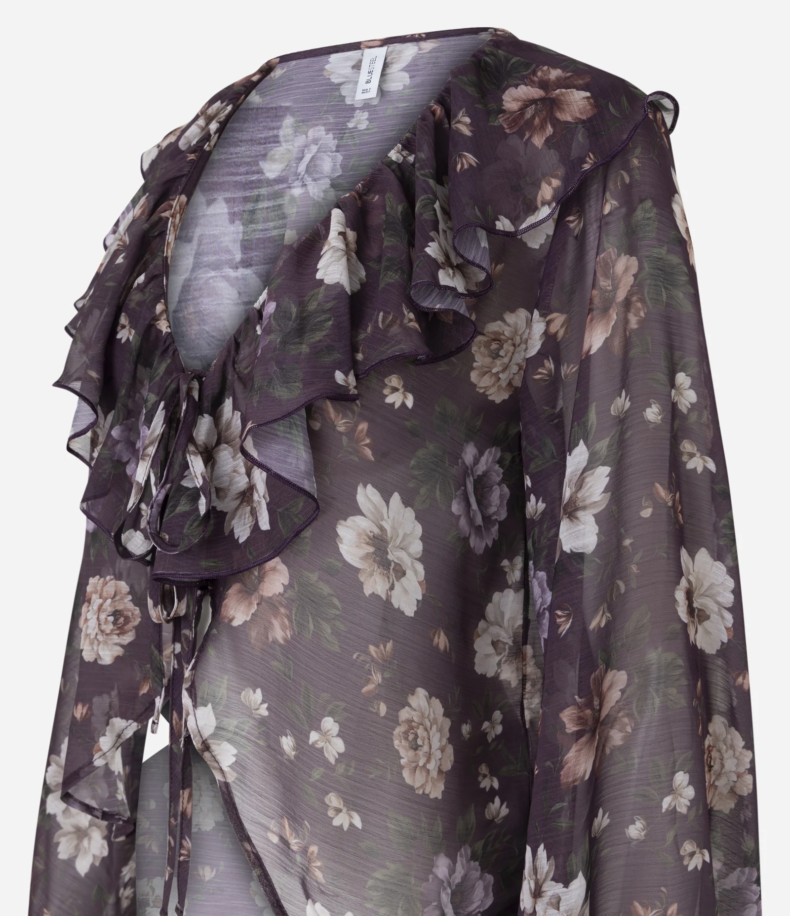 Blusa Bata em Chiffon Floral com Babados Bordô 2