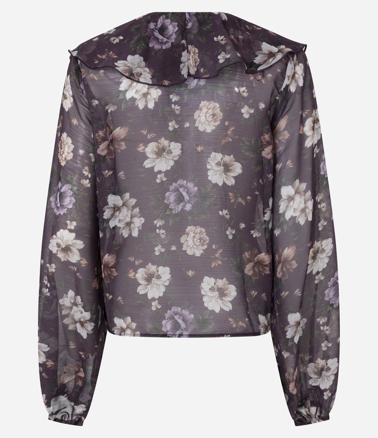 Blusa Bata em Chiffon Floral com Babados Bordô 3