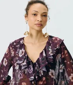 Blusa Bata em Chiffon Floral com Babados