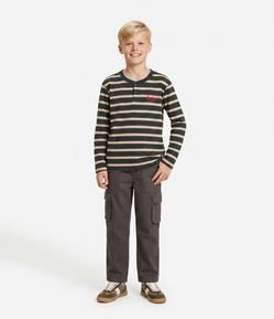 Camiseta Manga Longa Listrada Henley - Tam 5 a 14 Anos