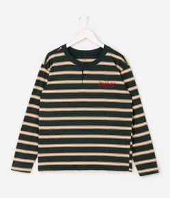 Camiseta Manga Longa Listrada Henley - Tam 5 a 14 Anos