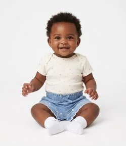 Short Infantil  em Jeans com Bordado - Tam 3 a 18 Meses