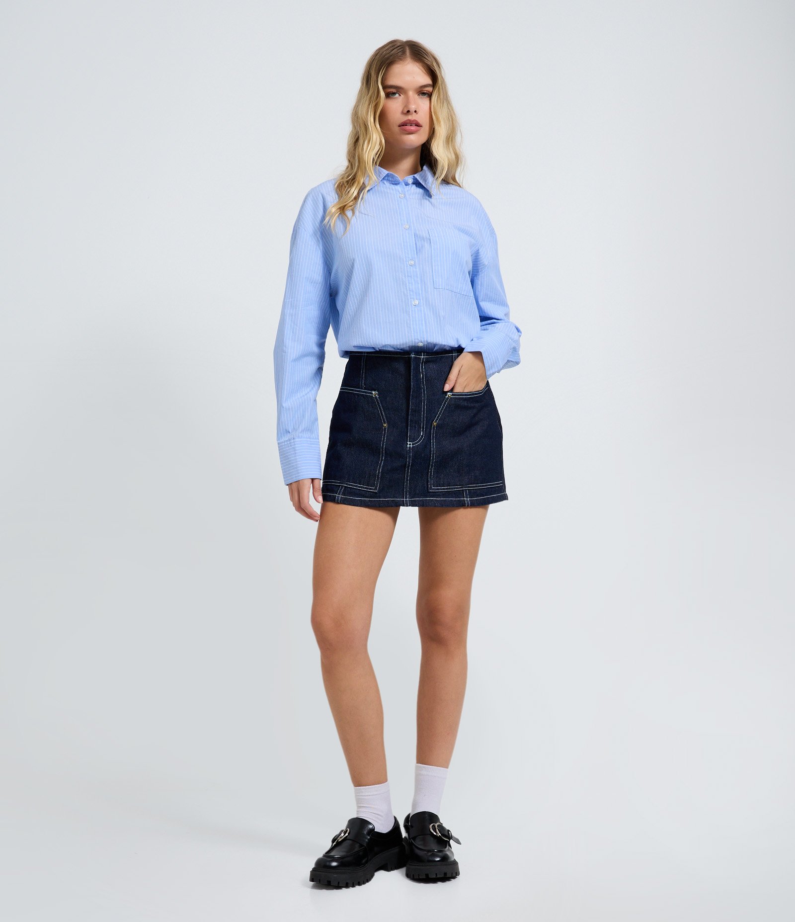 Minissaia Jeans com Costura Contrastante Azul Escuro 1