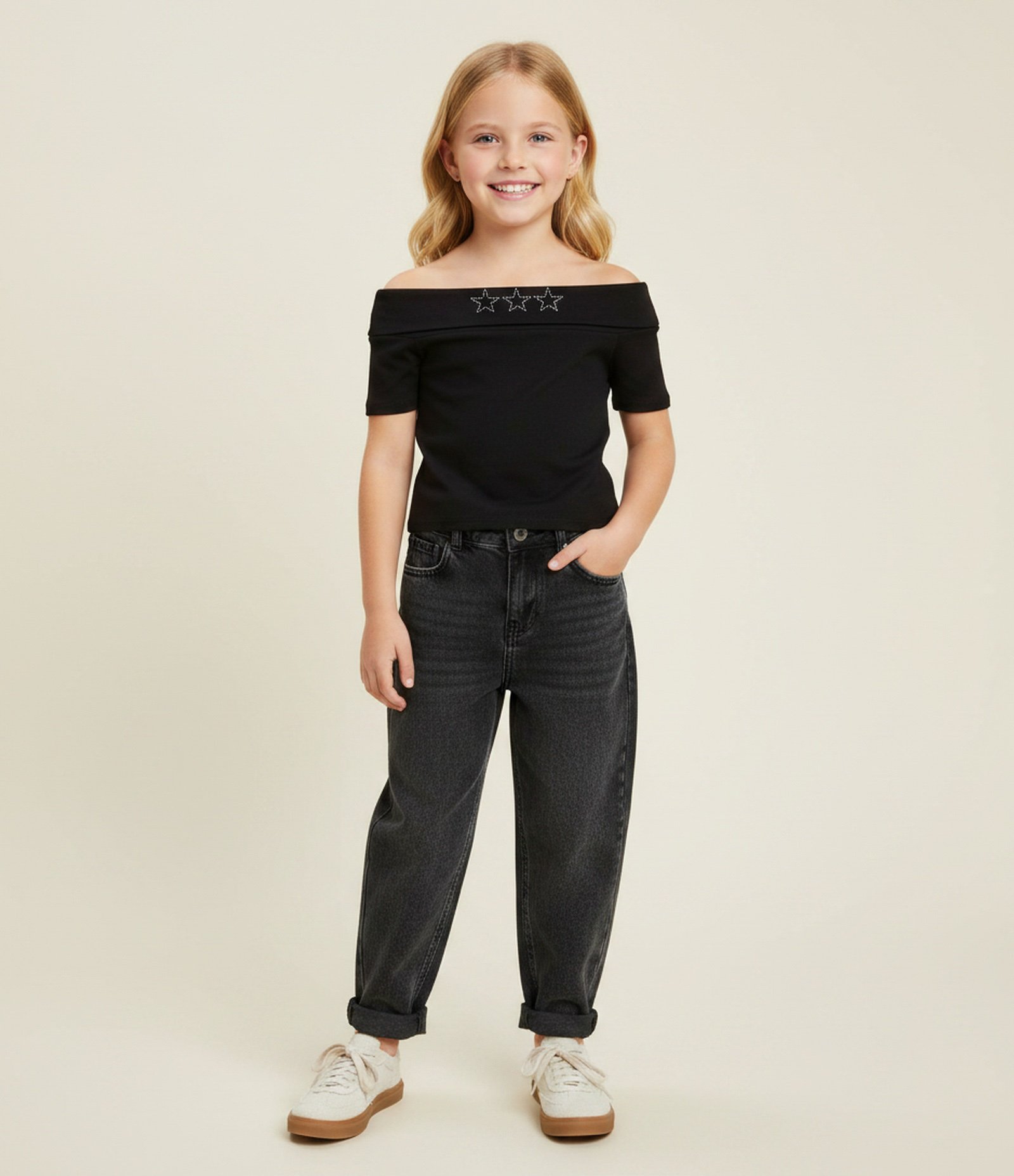 Blusa Infantil Baby Tee Ombro a Ombro com Estrelas – Tam 7 a 16 Anos Preto 1