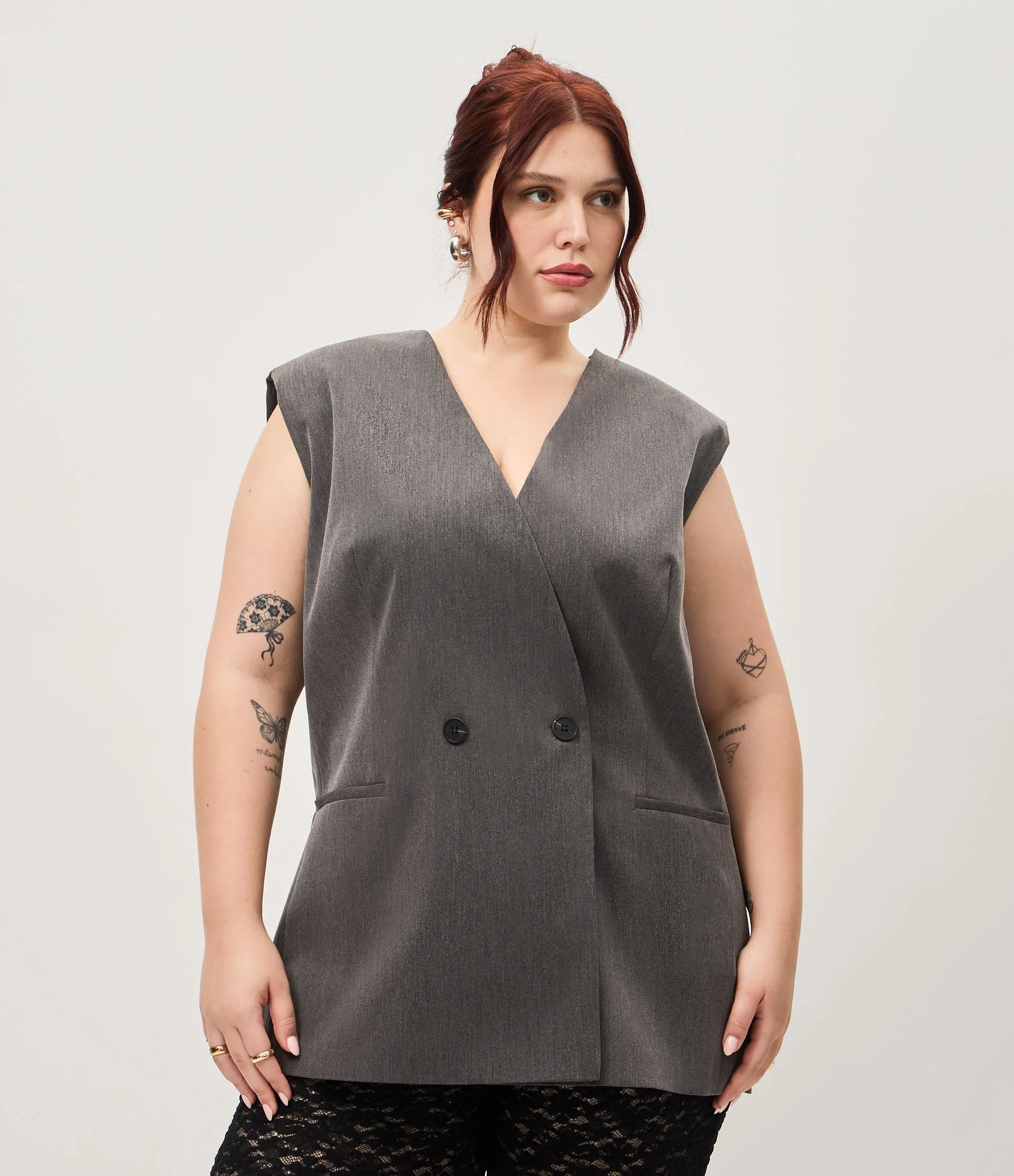 Colete Oversized Alfaiatado Alongado Transpassado Curve & Plus Size Cinza 1