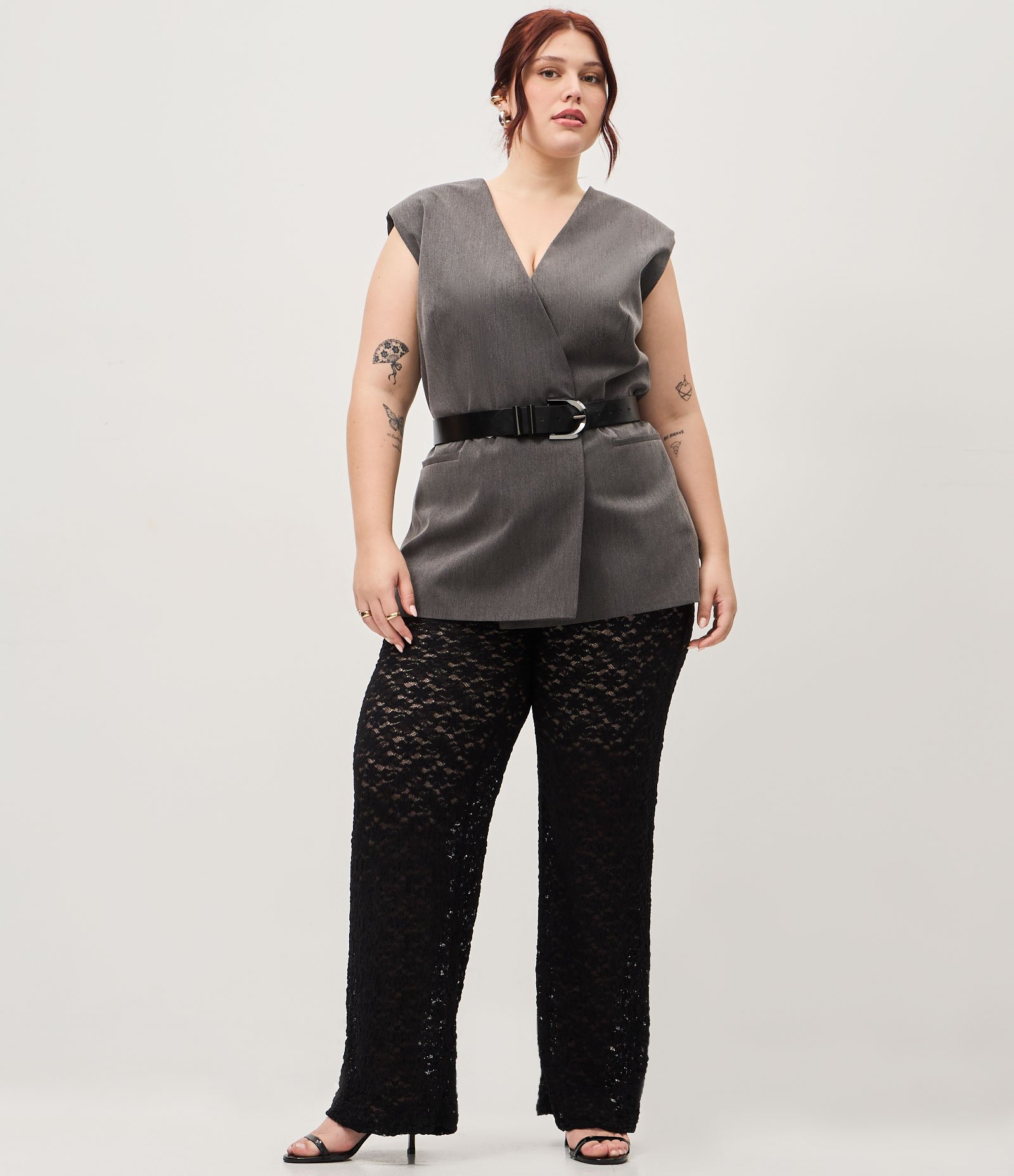 Colete Oversized Alfaiatado Alongado Transpassado Curve & Plus Size Cinza 2