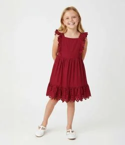 Vestido Viscose Curto Infantil com Broderie e Botões - Tam 5 a 14 Anos