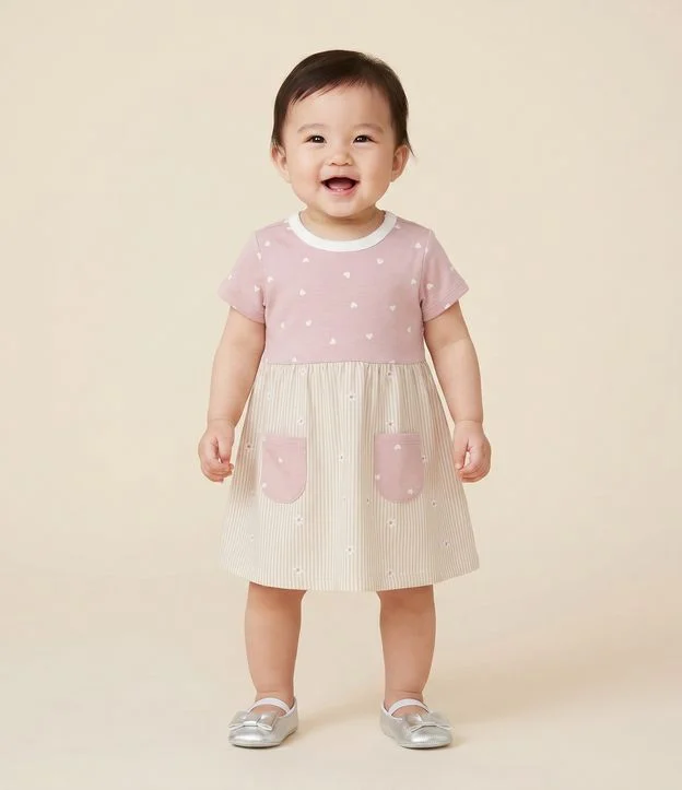 Vestido Infantil em Algodão com Estampa Corações e Bolsos – Tam 0 a 18 Meses