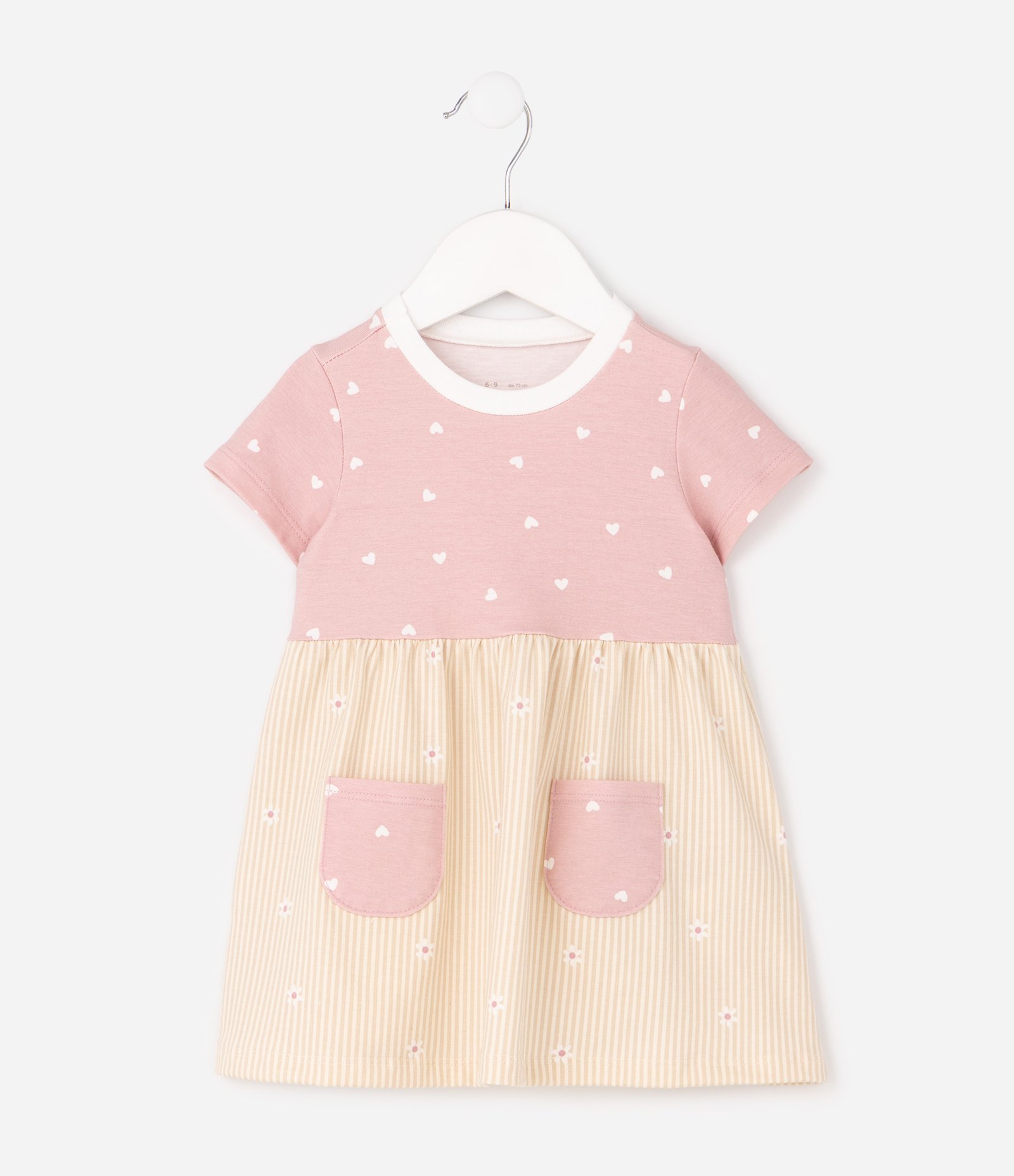Vestido Infantil em Algodão com Estampa Corações e Bolsos – Tam 0 a 18 Meses Rosa/Bege 2
