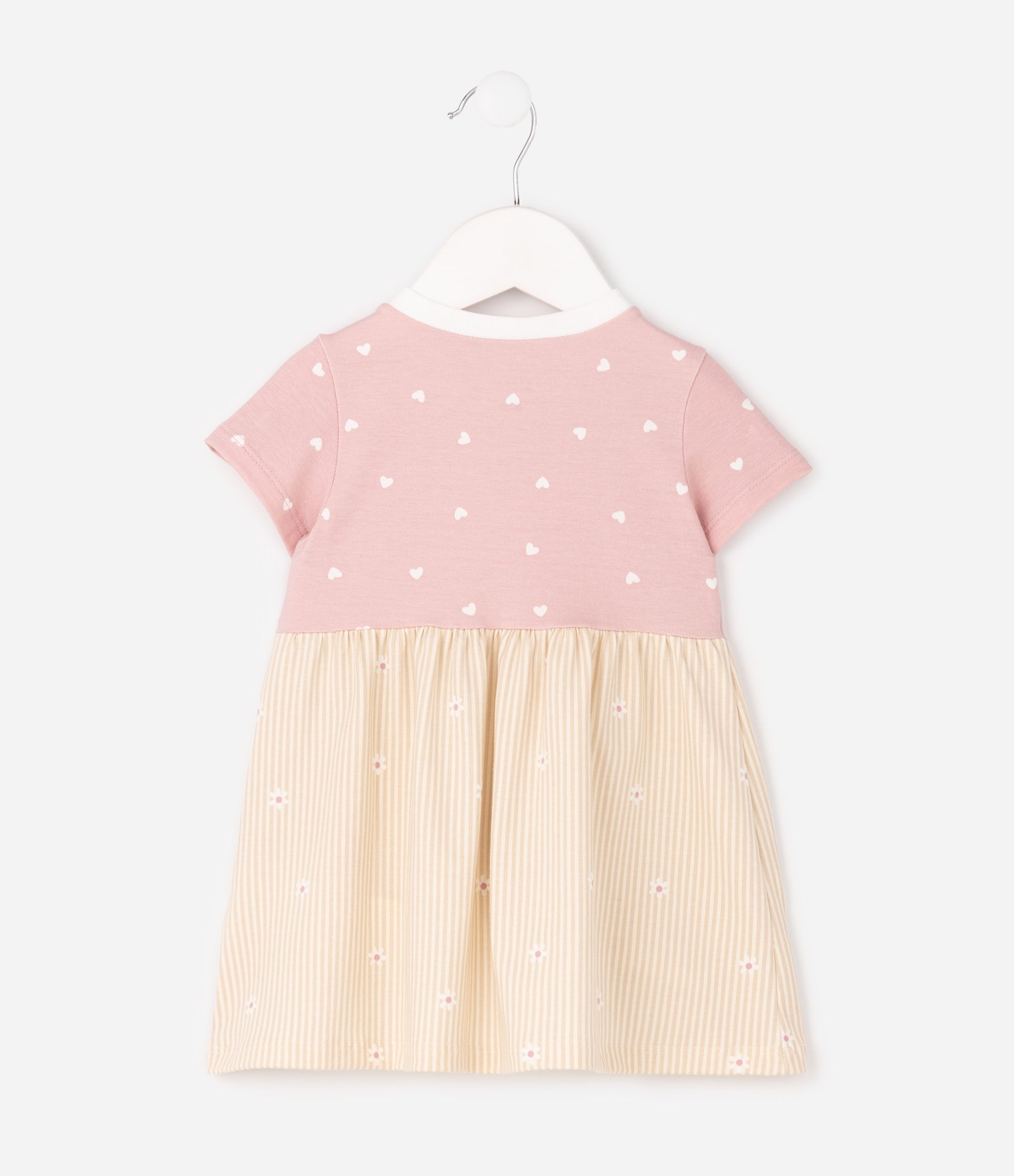 Vestido Infantil em Algodão com Estampa Corações e Bolsos – Tam 0 a 18 Meses Rosa/Bege 3