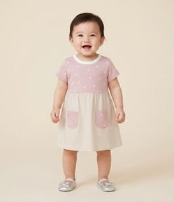 Vestido Infantil em Algodão com Estampa Corações e Bolsos – Tam 0 a 18 Meses