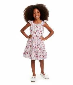 Vestido Infantil em Viscose com Estampa e Babados - Tam 5 a 16 Anos