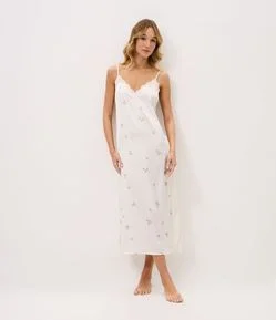 Camisola em Cetim com Estampa Floral e Renda