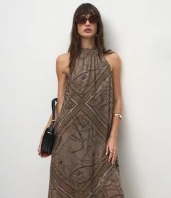Vestido Longo com Estampa Abstrata e Gola Halter Neck
