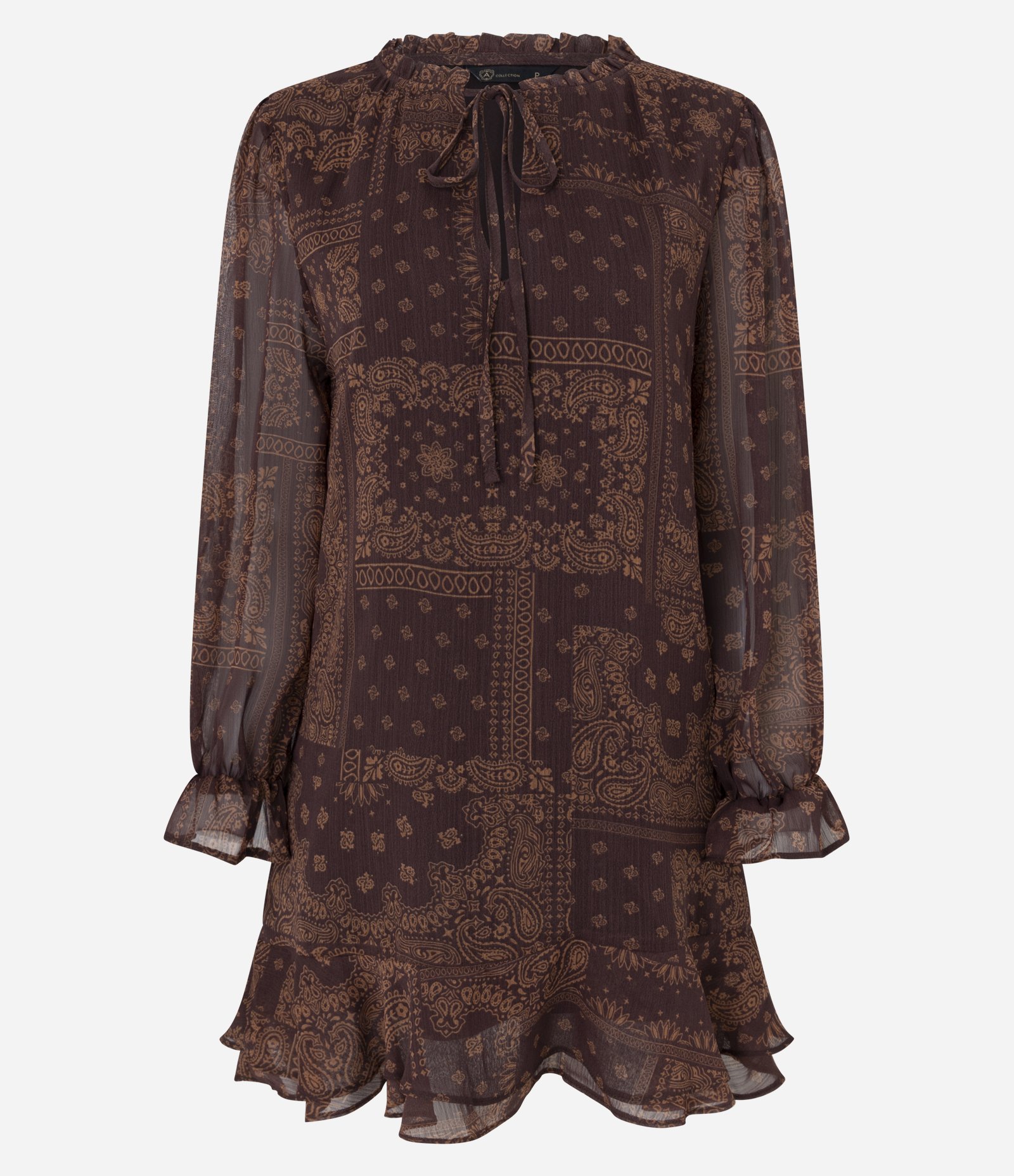 Vestido Curto com Babados e Estampa Paisley Marrom 6