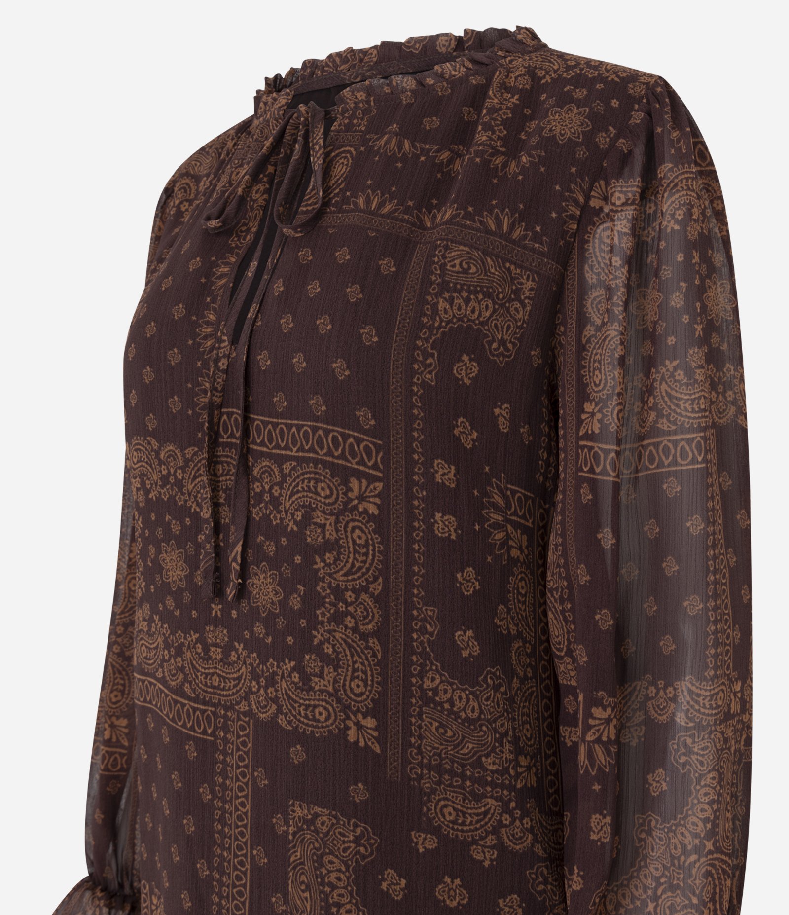 Vestido Curto com Babados e Estampa Paisley Marrom 7