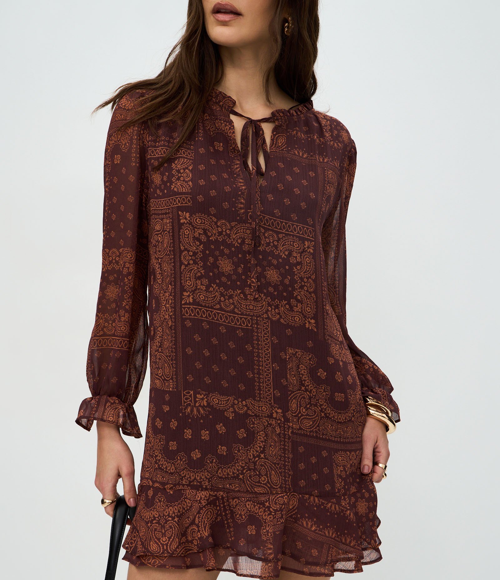 Vestido Curto com Babados e Estampa Paisley Marrom 4