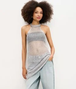 Vestido Curto em Tricô com Paetês e Gola Halter