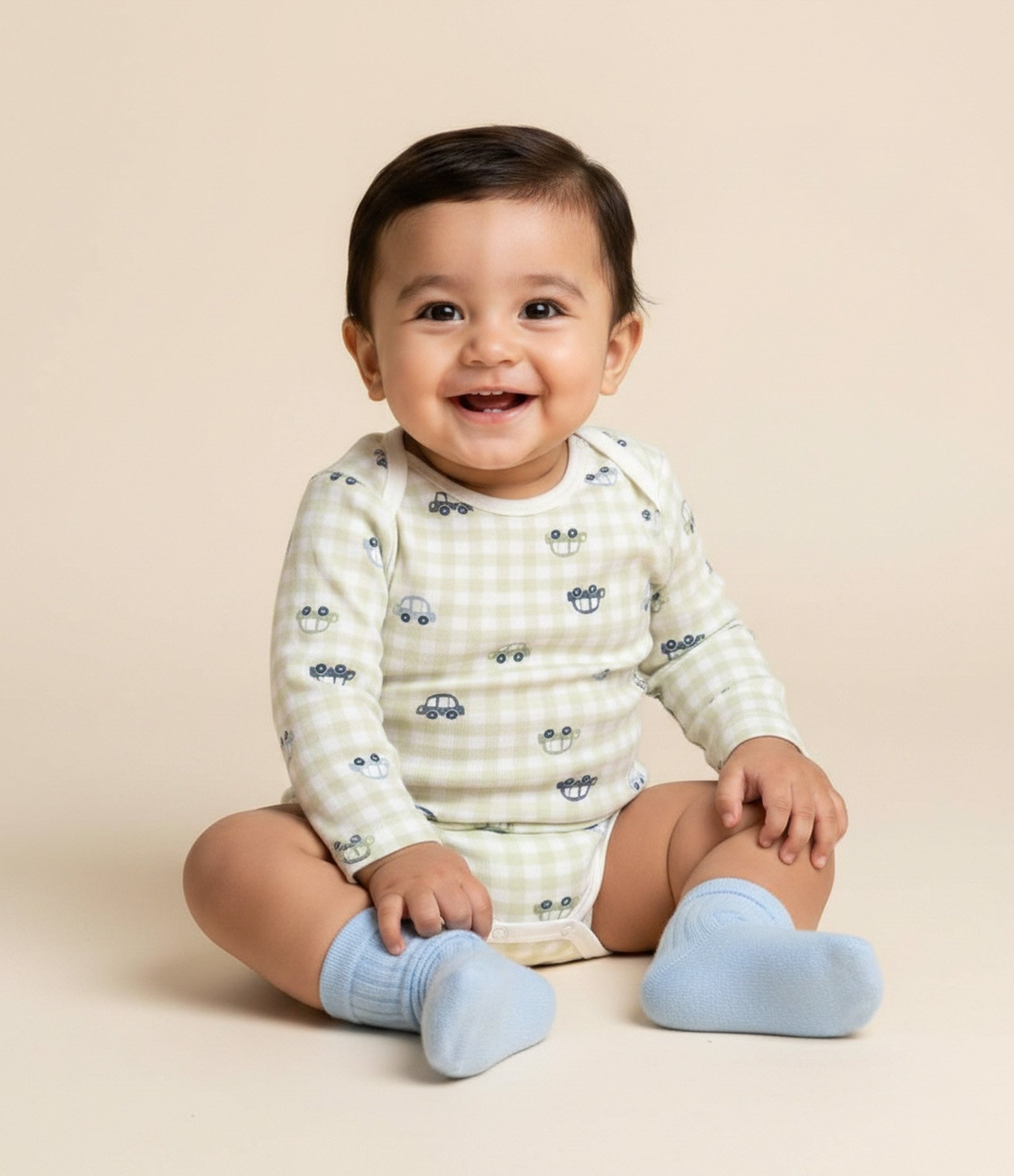 Body Bebê com Estampa Xadrez Vichy e Carros – Tam 0 a 18 Meses Verde/Branco 1