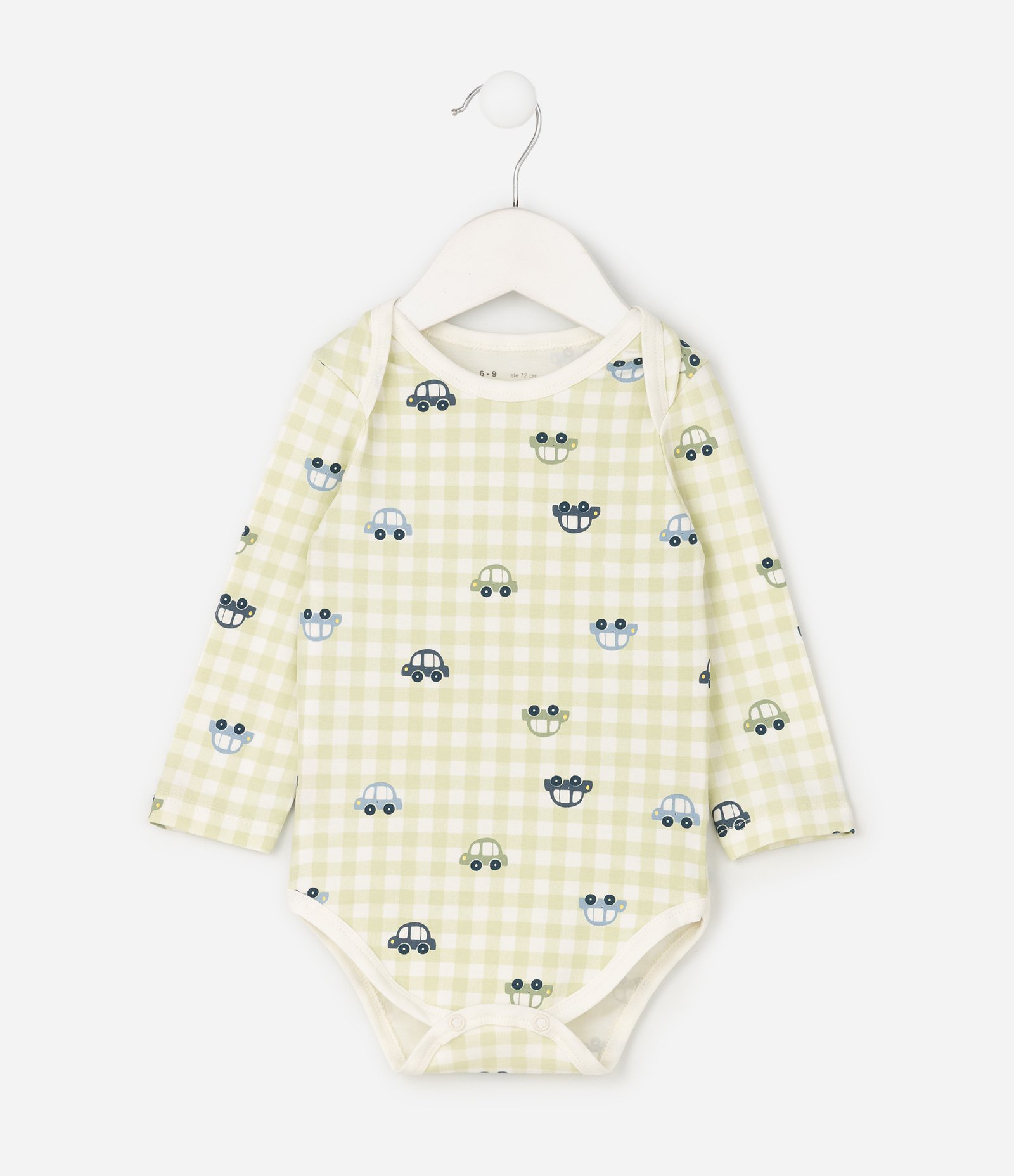 Body Bebê com Estampa Xadrez Vichy e Carros – Tam 0 a 18 Meses Verde/Branco 2