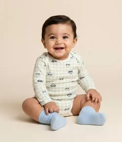 Body Bebê com Estampa Xadrez Vichy e Carros – Tam 0 a 18 Meses