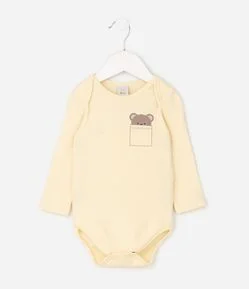 Body Infantil Canelado com Estampa de Bolsinho Urso – Tam 0 a 18 Meses