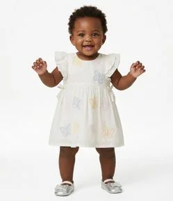 Vestido Infantil em Tricoline com Borboletas e Babados - Tam 0 a 18 Meses