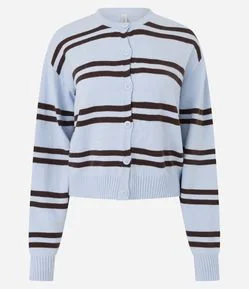 Cardigan Curto em Tricô Listrado com Abotoamento
