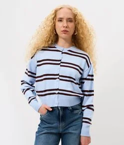 Cardigan Curto em Tricô Listrado com Abotoamento