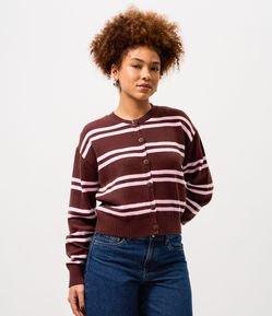 Cardigan Curto em Tricô Listrado com Abotoamento
