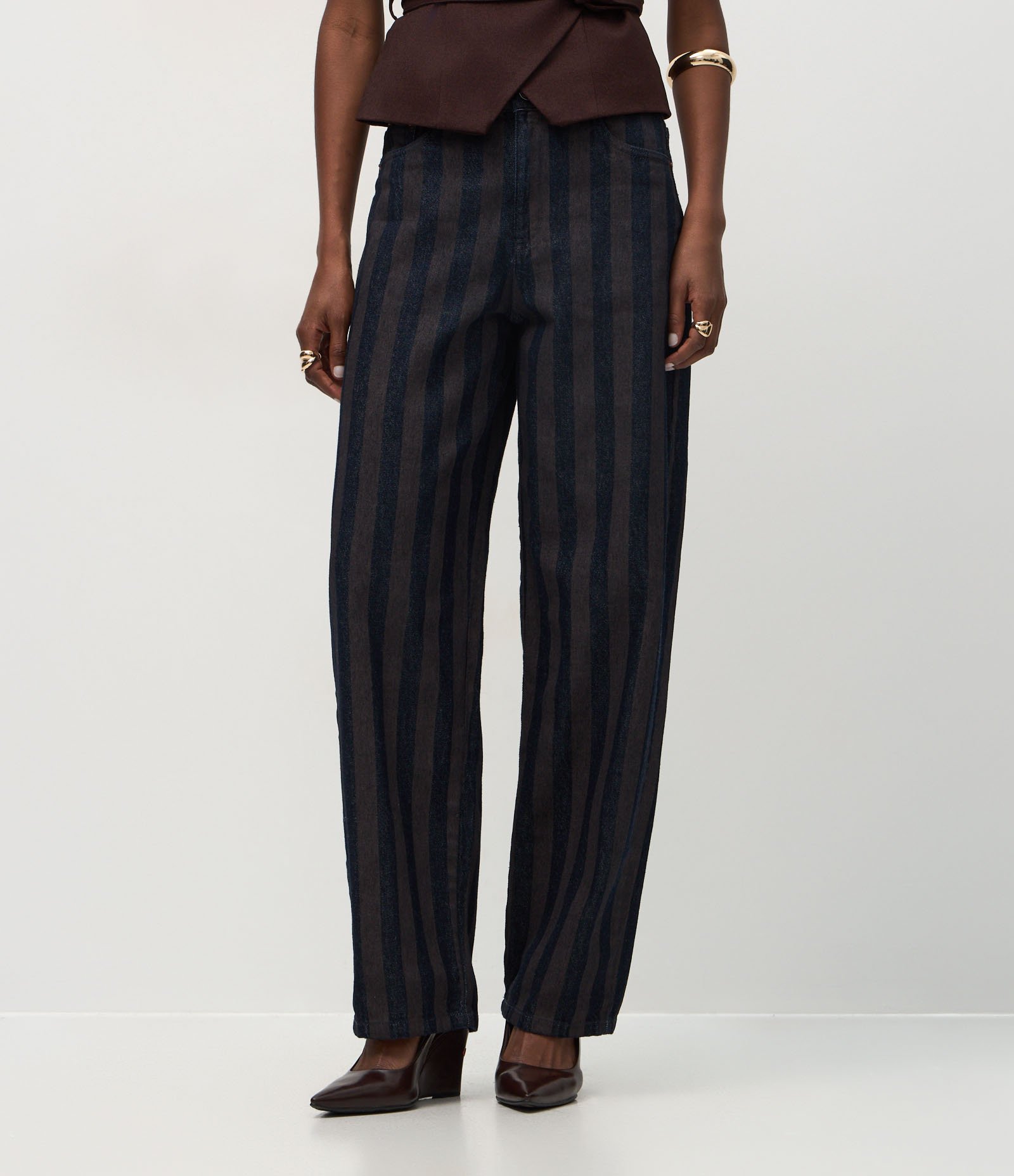 Calça Baggy em Jeans Listrado com Cintura Média Azul Escuro 3