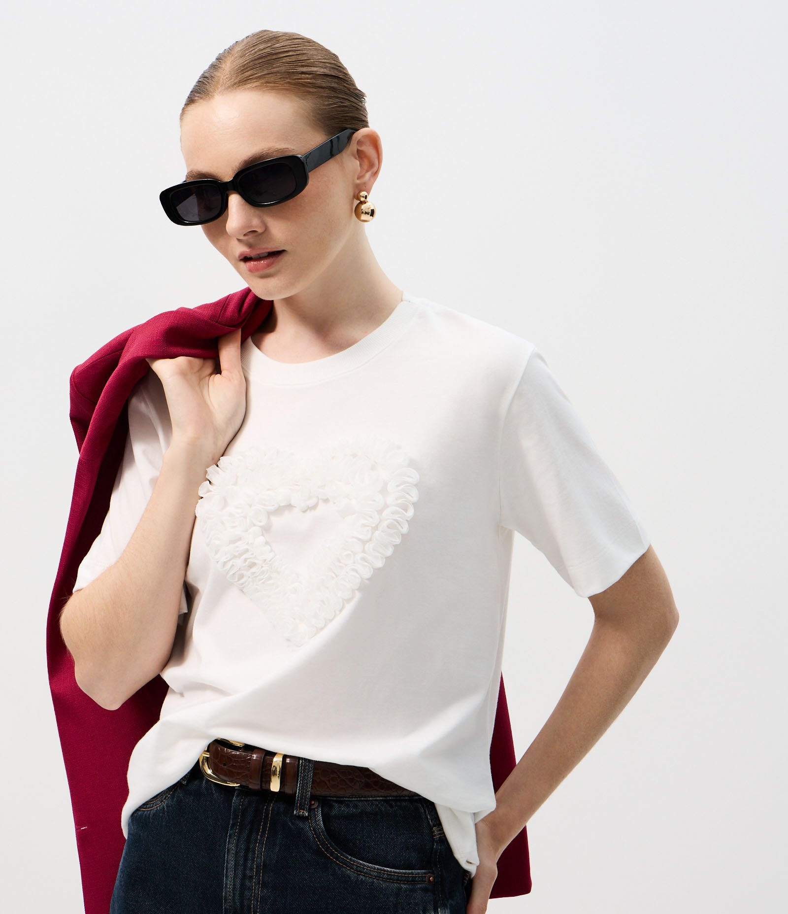 Camiseta em Algodão com Aplicação de Coração em Tule Franzido Branco 3