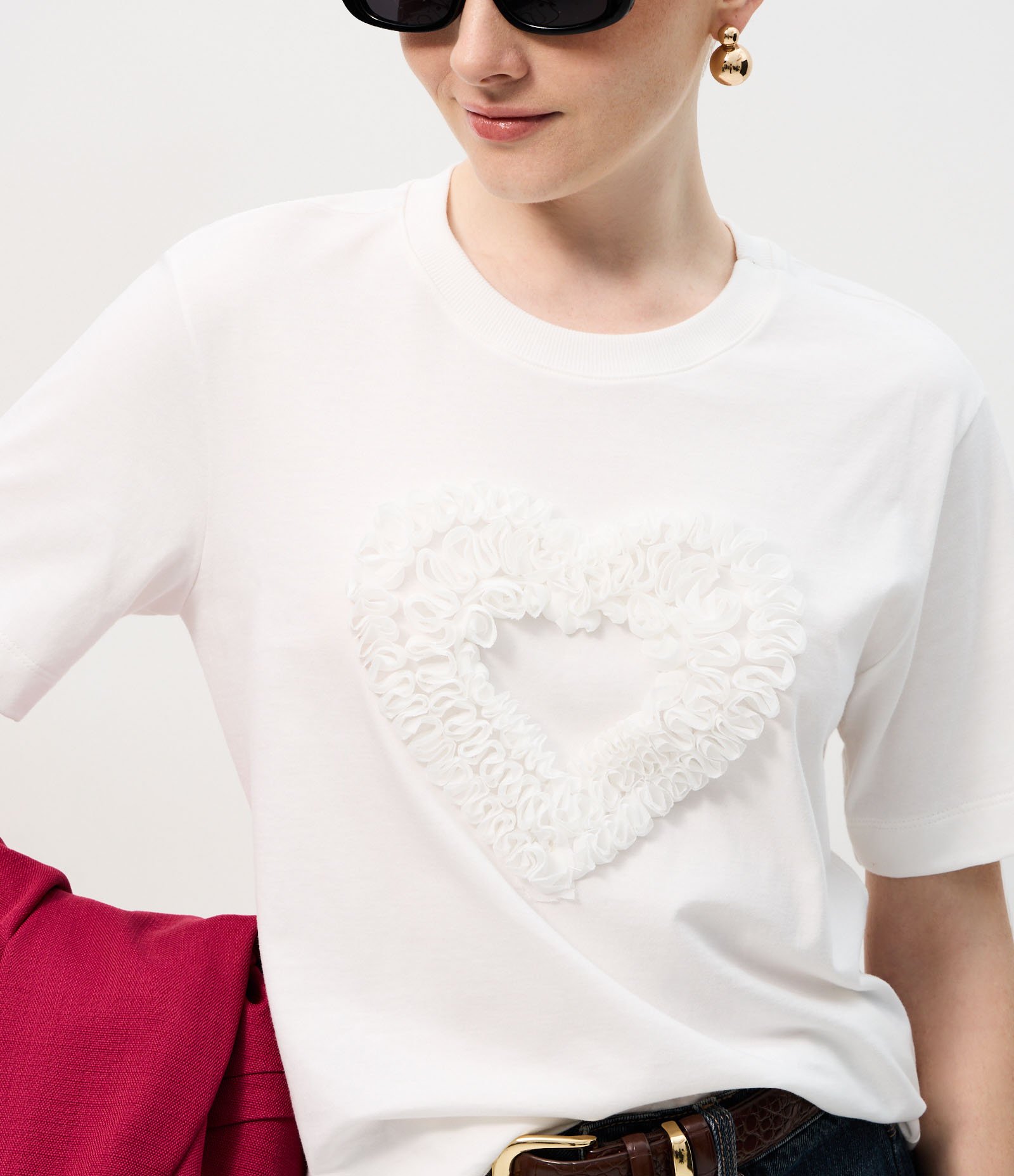 Camiseta em Algodão com Aplicação de Coração em Tule Franzido Branco 4