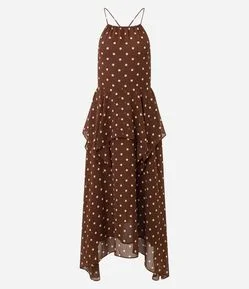 Vestido Midi em Chiffon com Estampa Poá e Babados