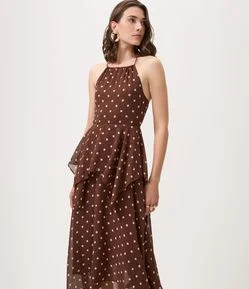 Vestido Midi em Chiffon com Estampa Poá e Babados